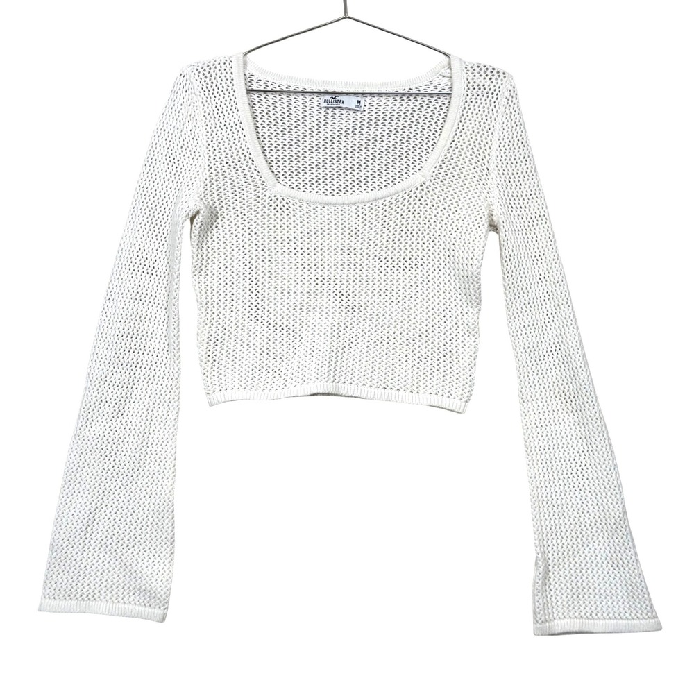 Hollister Open Knit Crop Sweater Womens M White Bell Sleeve Beach Boho festival